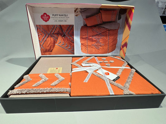 Bettwäsche Set für 2Person Puff Nakisli Liva -Kiremit/Bej